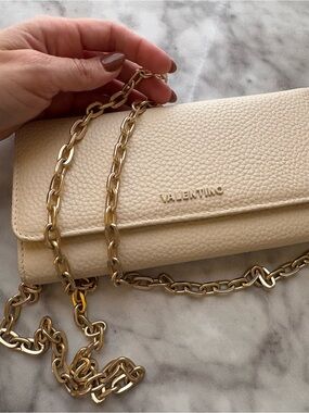 Valentino Cream Pebbled Leather Chain Clutch